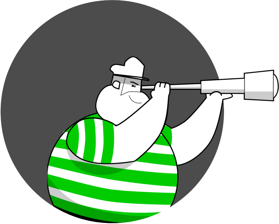 Captain Cody, the Teamdeck mascot, looking ahead through a telescope